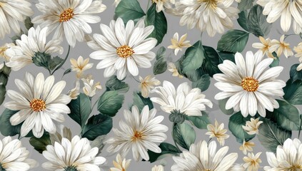 Floral pattern of white daisies and leaves on a gray background