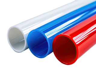 Three translucent tubes of different colors (white, blue, red) stacked, showing smooth, round cross-sections