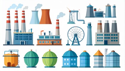 Fototapeta premium Set of Industrial factories in flat style isolated on a white background. industrial