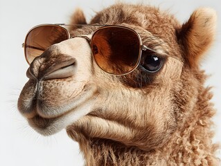Obraz premium A cool camel with sunglasses stares with curiosity and confidence into the camera on a neutral background.