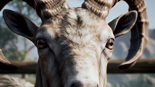Intimate Close Up Portrait of a Wild Markhor with Spiraling Horns Detailed Facial Features and Intense Gaze Against a Natural Green and Mountainous Backdrop Wildlife Majesty Detailed Animal Features