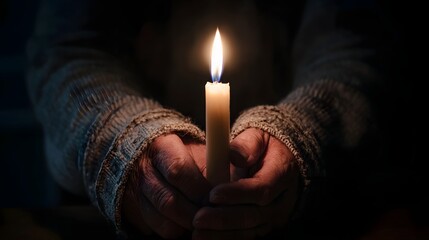 A single candle held in hands, illuminating the darkness.