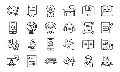 Fototapeta premium 24 Education and School Line Icons Classroom, Online Learning, Graduation, Science, Music, Language, and Study Tools Vector Icon Set for Teachers, Students, and Educational Projects