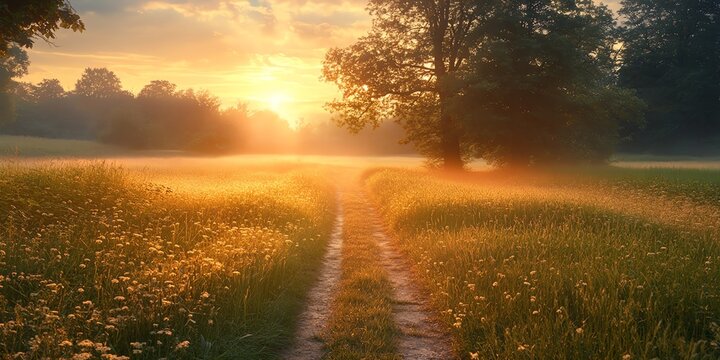 Path through a misty meadow at sunrise