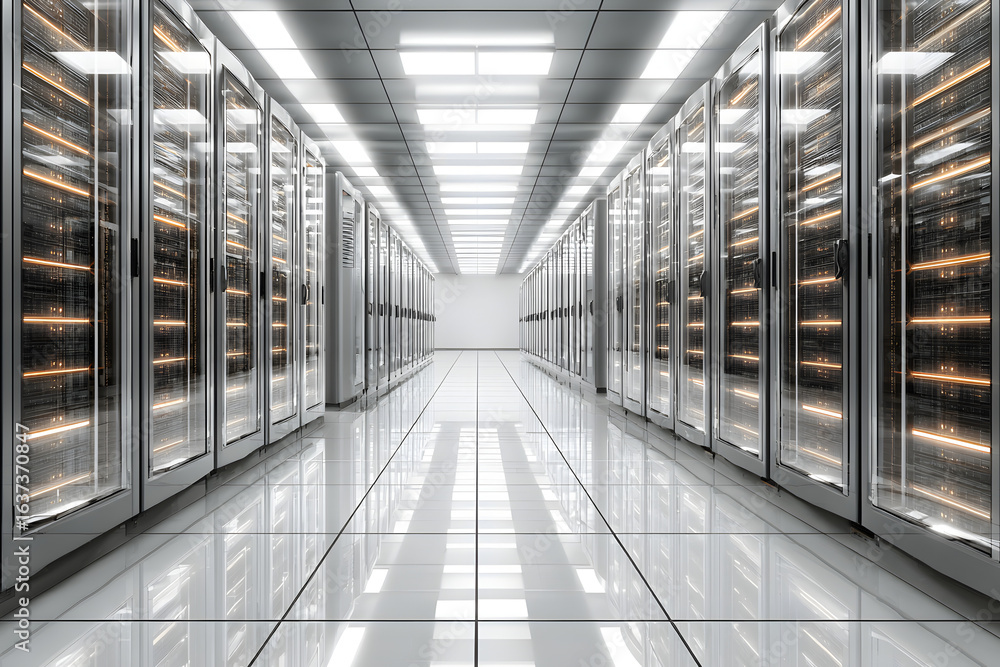 Aufkleber long corridor of modern data center with rows of illuminated servers on both sides under bright whit