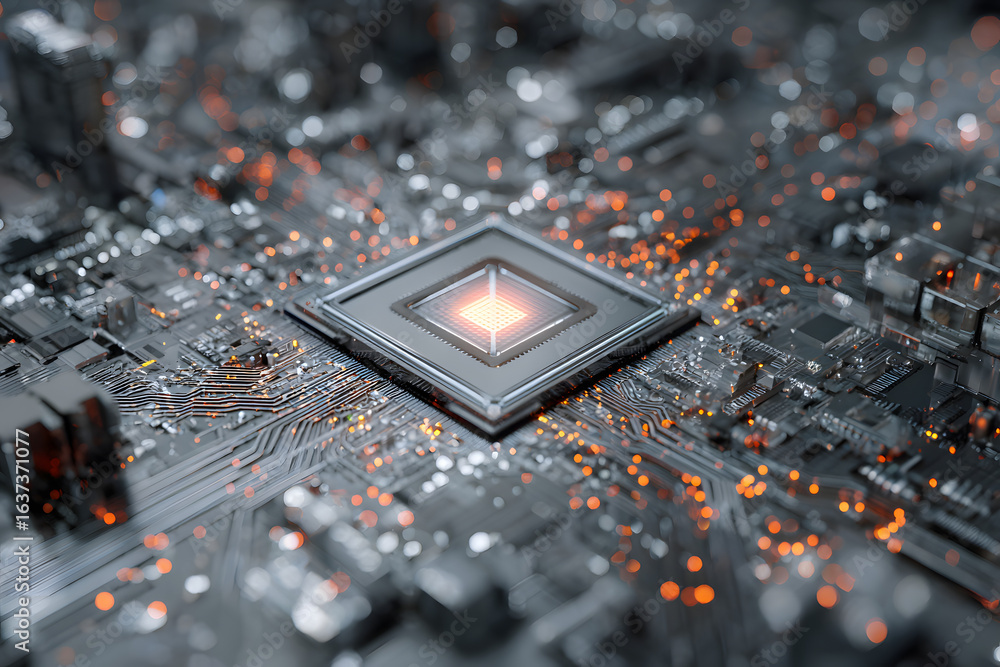 Poster 3d-rendered futuristic ai core central processing unit surrounded by intricate neural pathways glowi