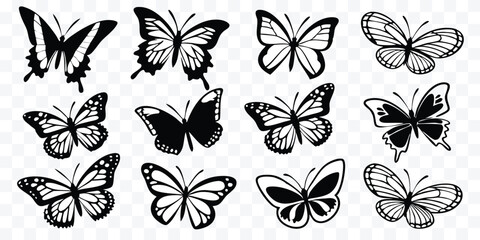 Elegant Butterfly Silhouettes Vector Collection Featuring Diverse Wing Patterns and Shapes Ideal for Graphic Design and Artistic Projects