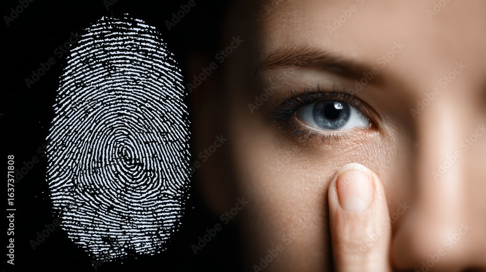 Poster a detailed macro view of human fingerprint on the tip of woman's index finger, showcasing the unique