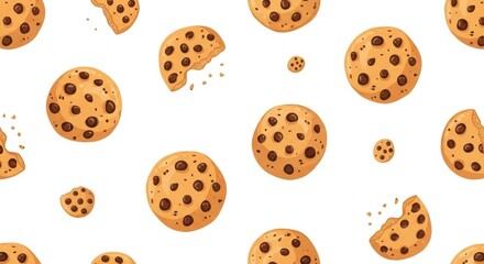 Whimsical Chocolate Chip Cookie Pattern on White Background, Cartoon Style