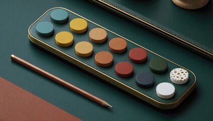 Colorful circular buttons in a dark teal tray