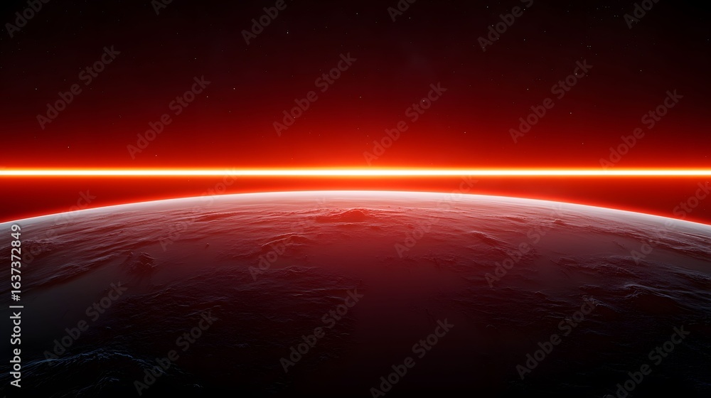 Poster the image shows a stylized rendering of a planet with a bright red horizon line, set against a backd