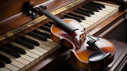 Fototapeta premium A beautifully crafted violin resting on the keys of a grand piano, showcasing elegance and musical artistry