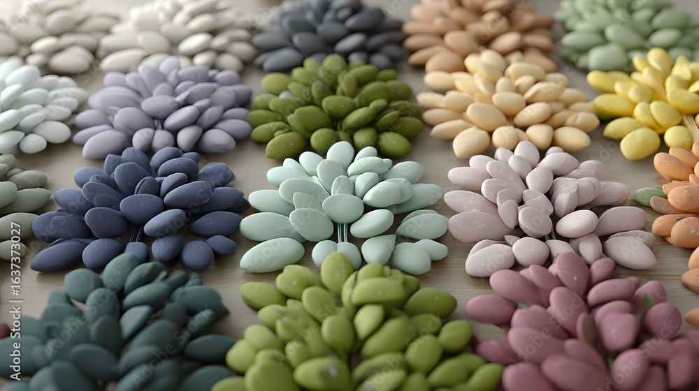 Poster multicolored succulent-like decorative elements arranged in a grid pattern.