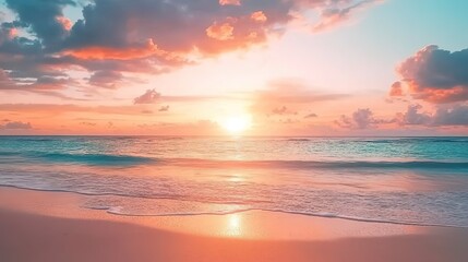 Fototapeta premium Pastel Sunset Over Ocean with Calm Water Reflection, Sandy Shore and Gradient Sky Horizon