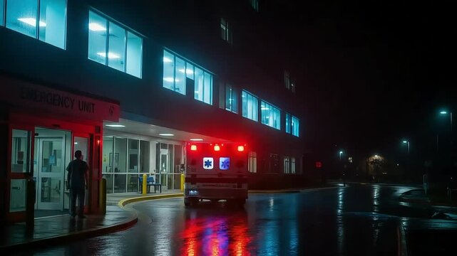 Ambulance arrives at hospital emergency unit at night during rainy weather