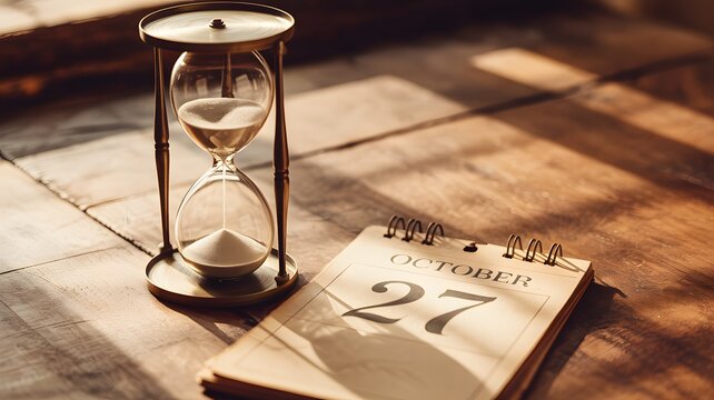An hourglass and an open calendar on a wooden surface, symbolizing the passage of time.