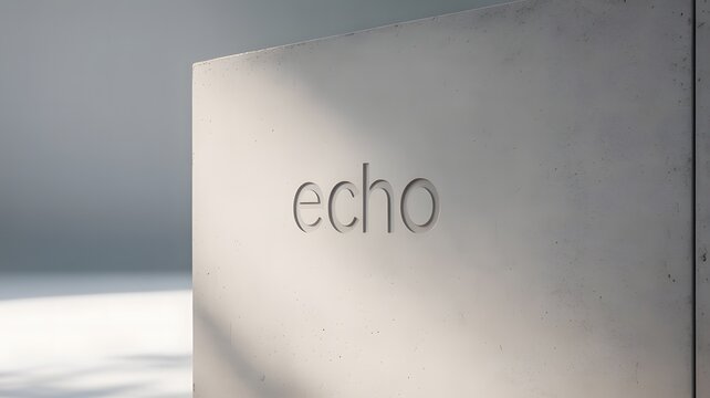 Minimalist concrete wall with the word 'echo' inscribed, bathed in soft natural light