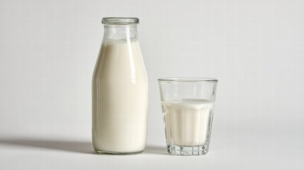 Fresh Milk in Glass Bottle and Transparent Glass on White Background