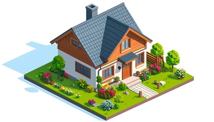 Colorful isometric house with lush garden