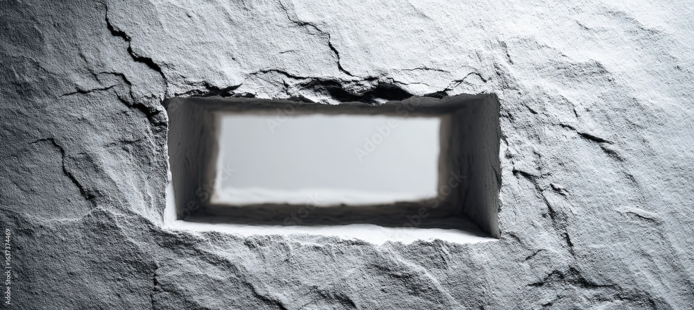 Poster rectangular hole cut in gray surface with textured edges