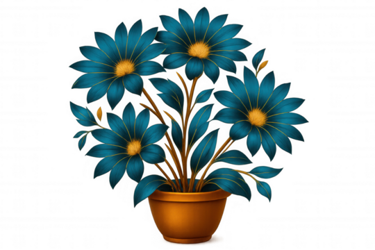 Vibrant blue flowers with golden accents blooming in a terracotta pot, isolated on a transparent background, perfect for design projects - Powered by Adobe
