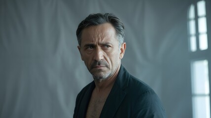 Obraz premium A man with a contemplative expression, dressed in a dark shirt, against a softly lit backdrop with draped fabric and window light.