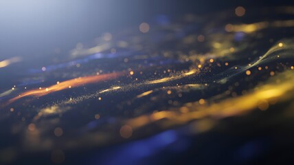 A mesmerizing abstract wave of golden and blue hues with sparkling particles, creating a dreamy, ethereal atmosphere