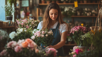 a small business owner arranging fresh flowers in a local flower shop