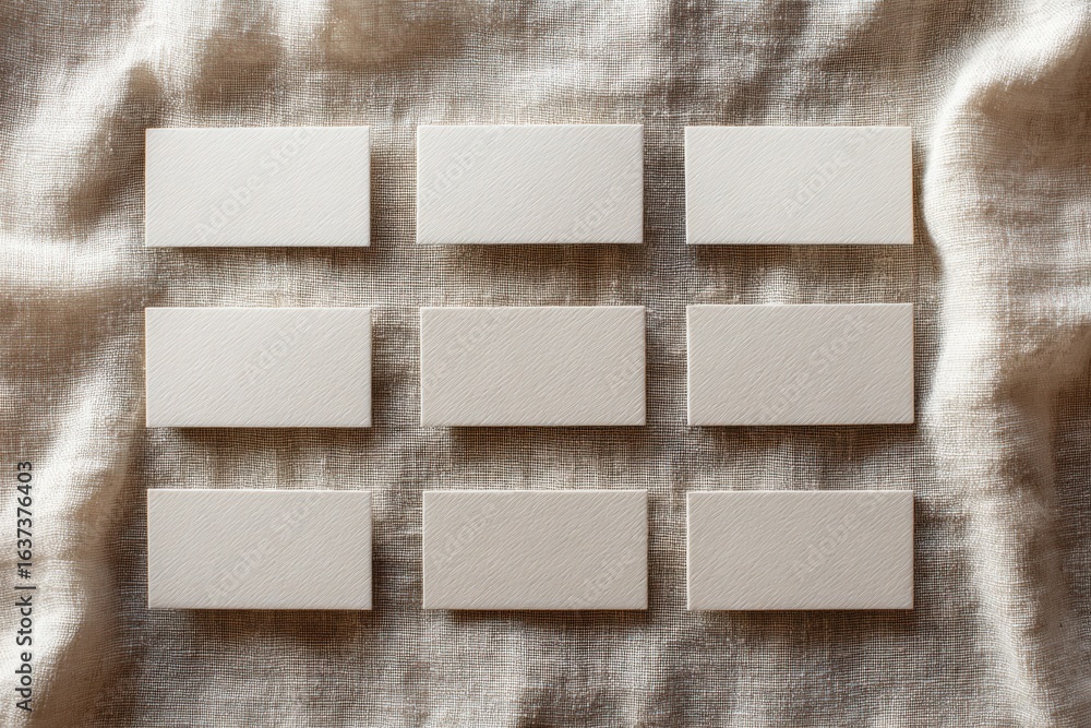 Poster nine blank name tags arranged in grid on linen fabric