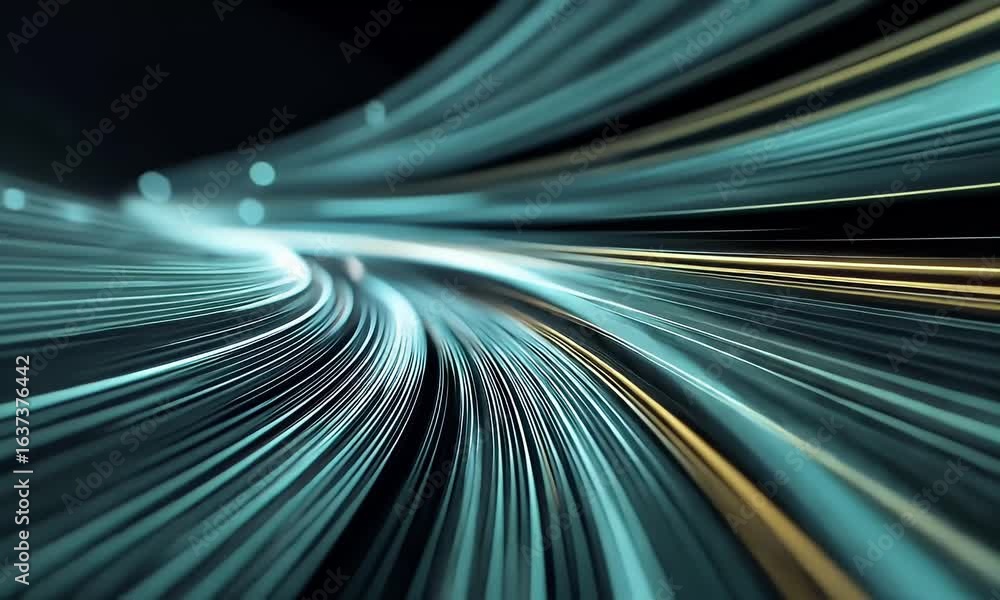 Poster abstract futuristic background with glowing blue and green lines moving fast in the dark, creating a