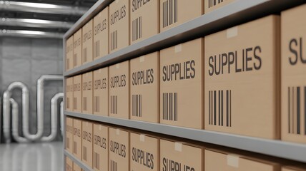 Fototapeta premium Organized cardboard boxes labeled 'SUPPLIES' neatly arranged on metal shelves in a warehouse setting