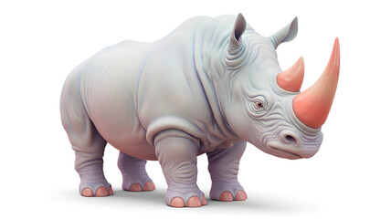 Fototapeta premium A stylized, full-body illustration of a rhinoceros with a large, pink horn, standing on a white background.