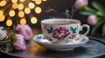 Fototapeta premium A steaming floral teacup surrounded by soft pink flowers and warm bokeh lights, creating a cozy and elegant atmosphere