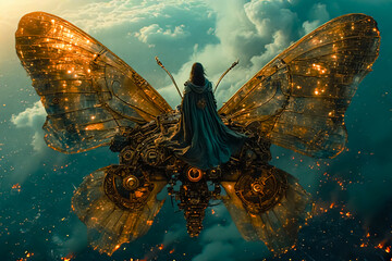 Steampunk Butterfly Rider in the Sky – Cinematic Fantasy Artwork