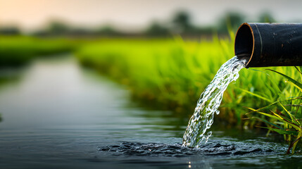 A black irrigation pipe releasing a stream of fresh water into a lush green rice field, symbolizing agriculture and water management.