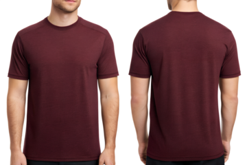 Modern man models stylish maroon t-shirt front and back showcasing casual wear essentials