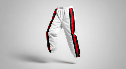 A pair of white athletic track pants with bold red and black side stripes, cuffed ankles, and a comfortable fit, floating against a neutral background.