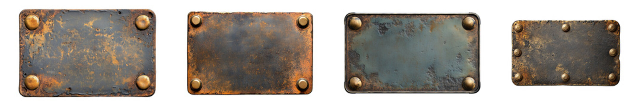 Four rustic metal plates feature tarnished textures with golden rivets attached to each corner on transparent background