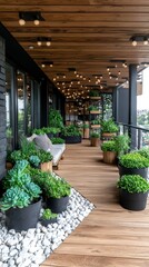 Naklejka premium Modern Rooftop Terrace with Lush Greenery and Wooden Deck