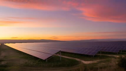 Solar panels stretch across a serene field under a vibrant sunset sky, symbolizing sustainable energy and environmental harmony.