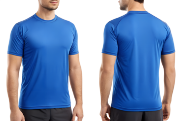 Man modeling blue short sleeve athletic t-shirt front and back view, perfect for activewear brands