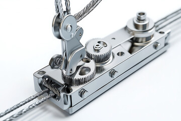 Close up of intricate mechanical device with gears and cables