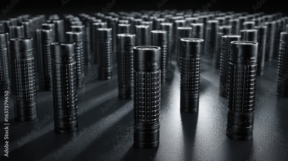 Poster identical flashlights arranged in rhythmic pattern on dark surface