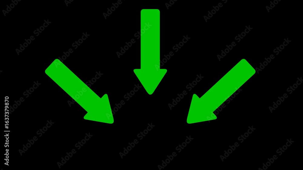 Poster video animation green three arrows pointing toward the same point, on a transparent background with 