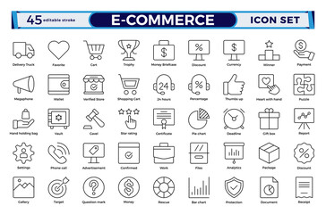 E-commerce outline icon set for online shopping and delivery. Line style business, store, digital marketing, payment card, gift, sale, money, discount. Editable stroke outline icon.
