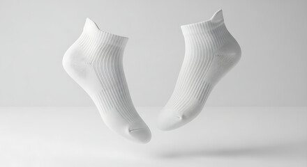 A pair of white athletic socks with ribbed detailing and a cushioned heel tab are dynamically photographed against a clean, neutral background.