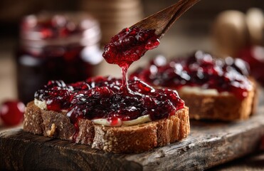 Spreading delicious cherry jam on toasted bread with butter