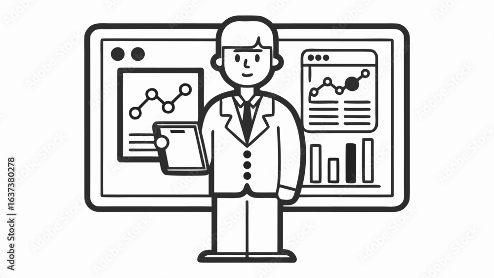 Aufkleber a man in a suit standing in front of a screen displaying charts and data analysis information shown 
