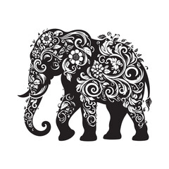 Fototapeta premium Boho Asian Elephant Silhouette with Tribal Feathers Crescent Moons and Decorative Dots SVG for Cricut Tattoo Printable Wall Art Projects