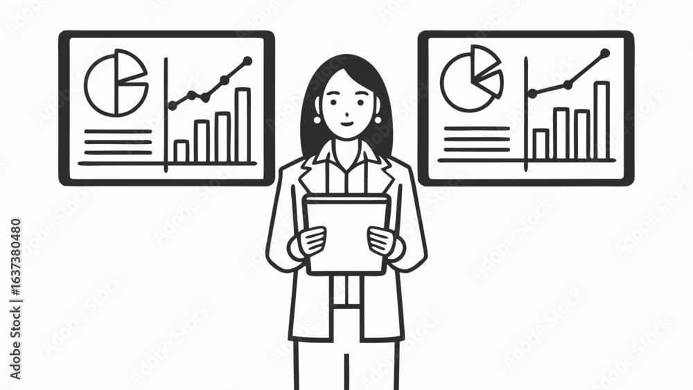 Aufkleber woman presenting data with charts and graphs on screens holding a tablet in a business presentation 